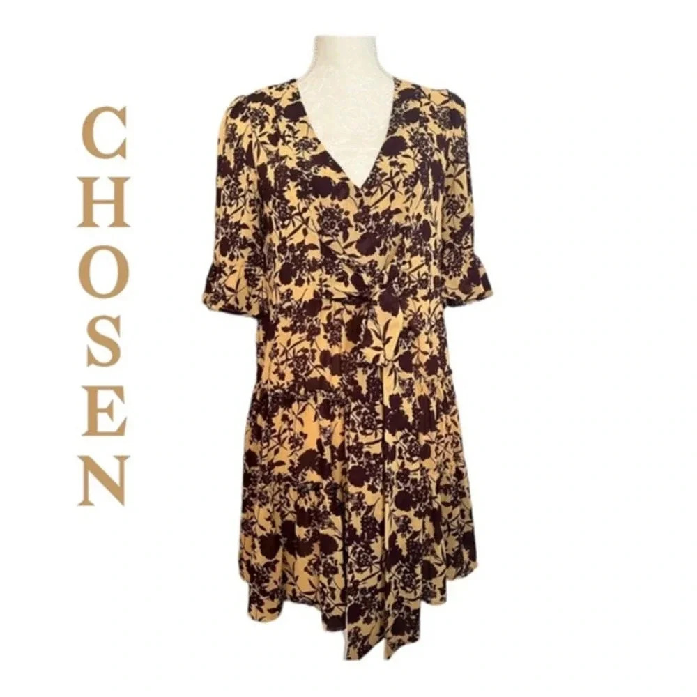 Chosen Bohemian Floral Tan/Plum Deep V Back Dress Sz‎ S